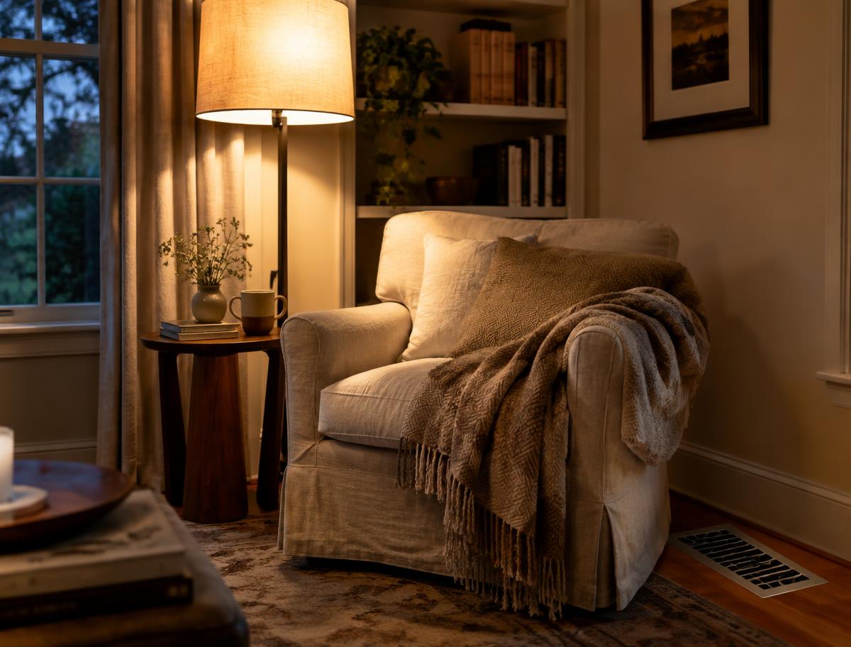 Cozy reading nook with an armchair and a floor vent