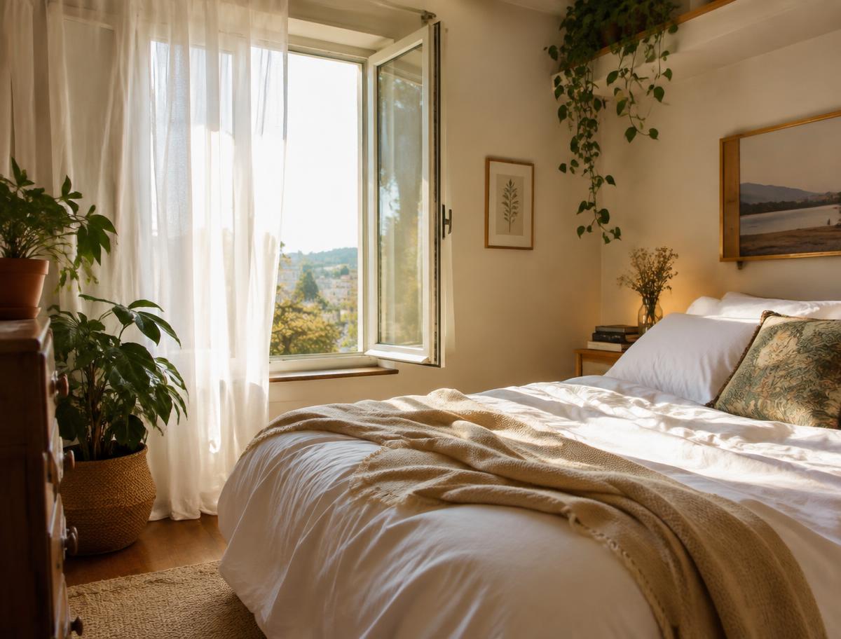 Bright bedroom with an open window