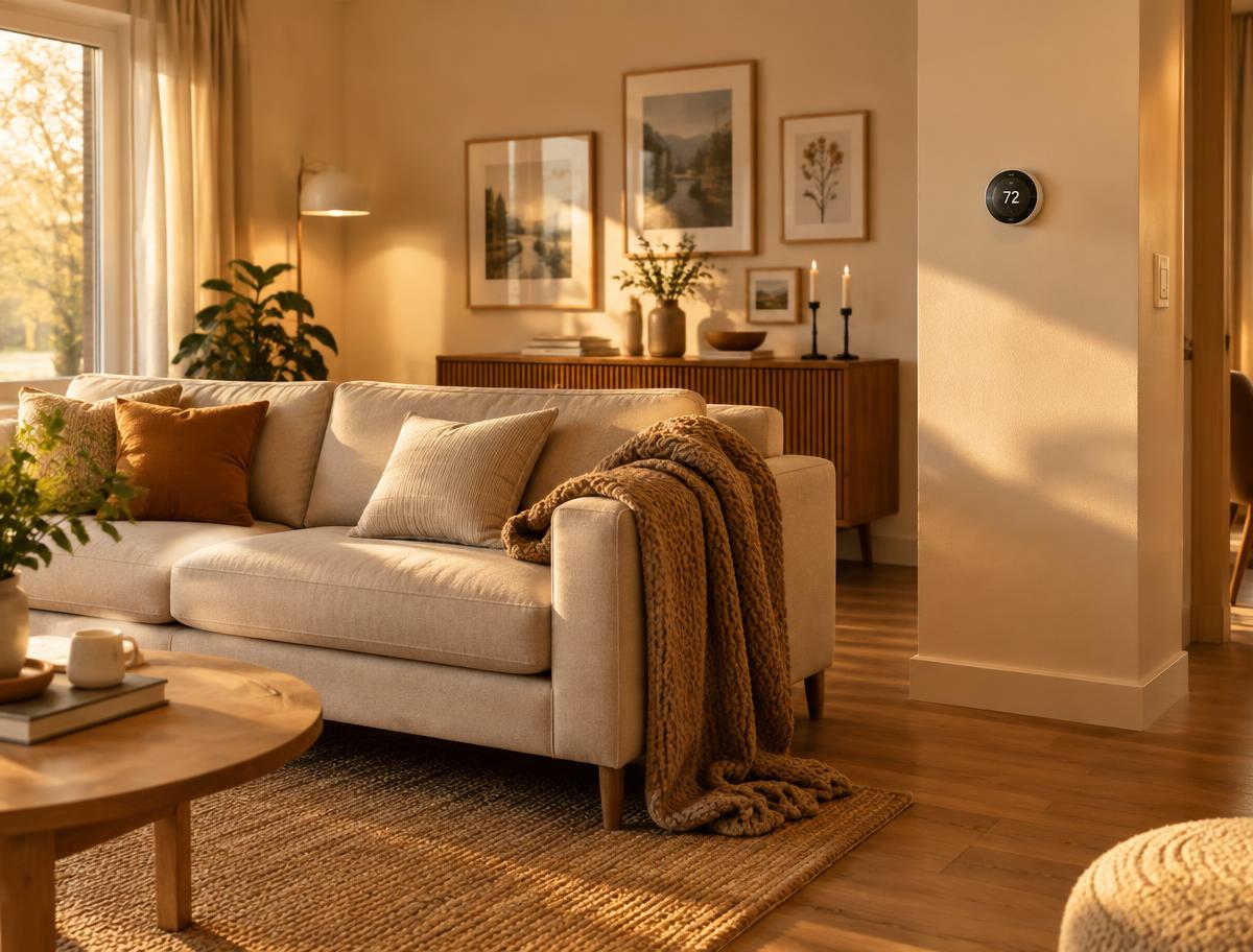Warm living room with a wall thermostat