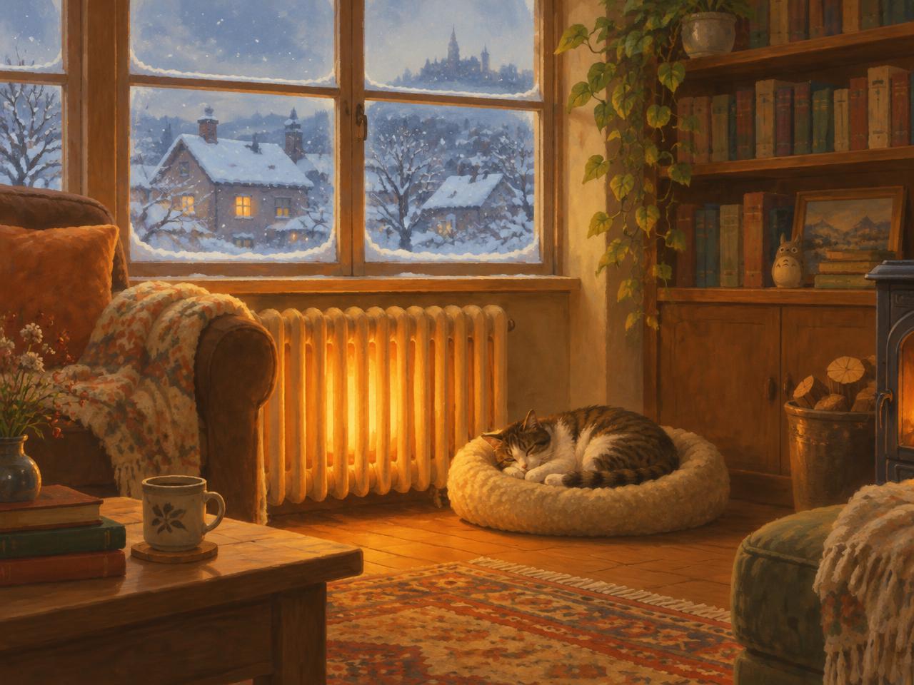 Illustrated cozy room with a glowing radiator in winter